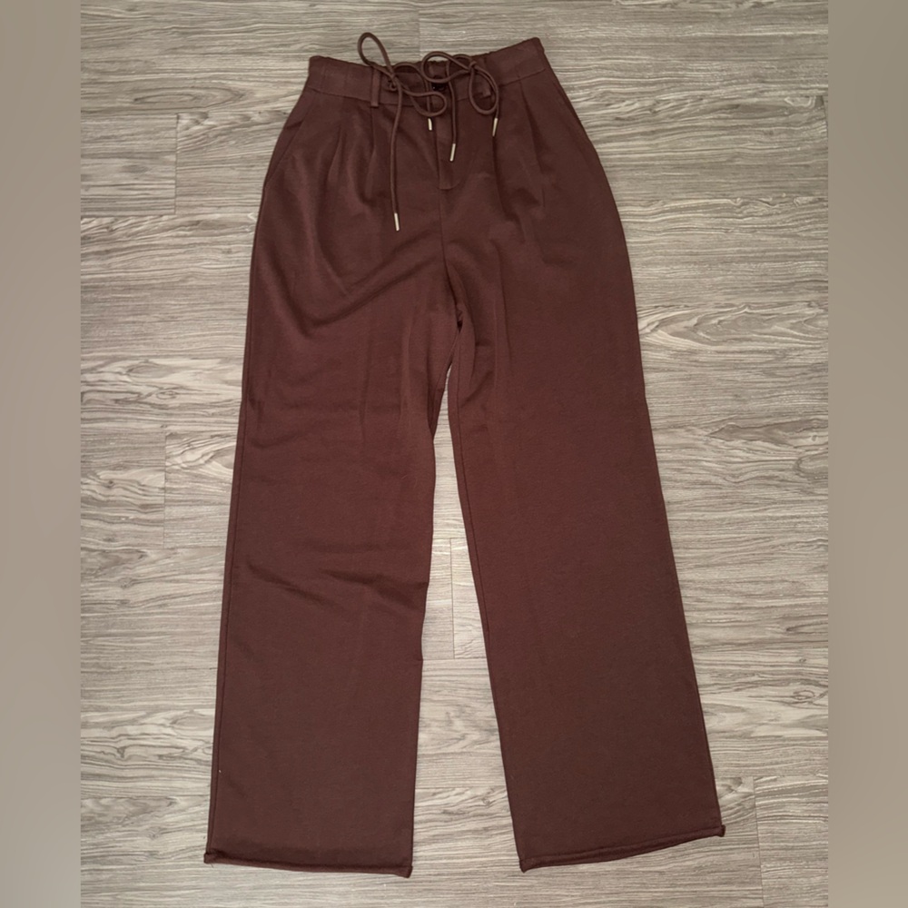Commense Brown Wide Leg Button Drawstring Terry Cloth Pants with Relaxed Fit